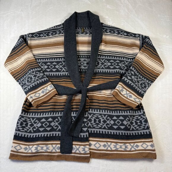 Stetson Sweaters - Stetson Womens Southwestern Cardigan Sweater Belted Shawl Collar L Brown/Gray St